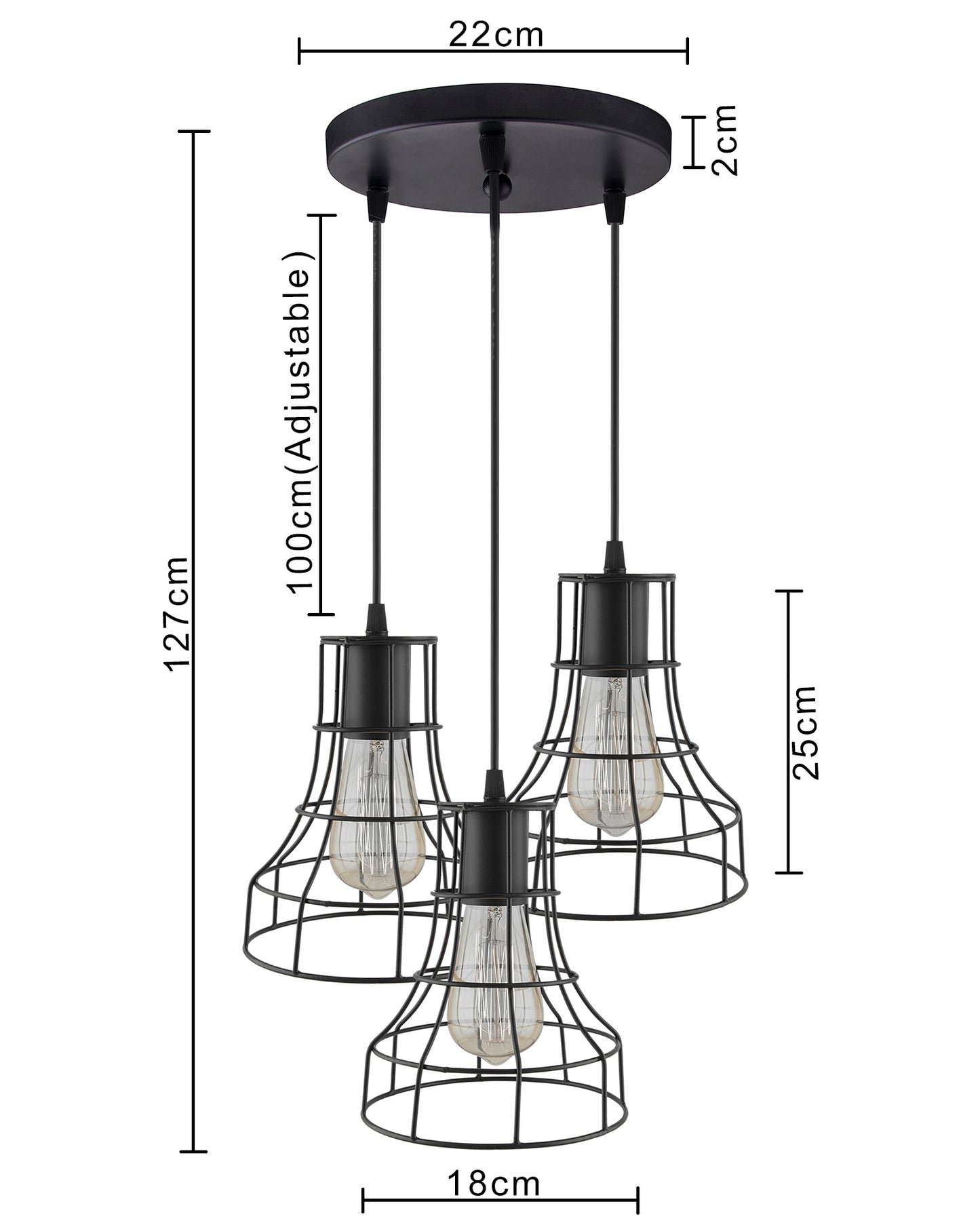 3-lights Round Cluster Chandelier Metal Hanging Pendant Light with Braided Cord, Industrial Retro modern light (Bulb not included)