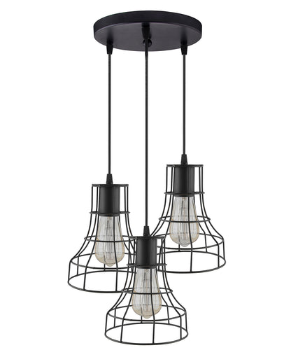 3-lights Round Cluster Chandelier Metal Hanging Pendant Light with Braided Cord, Industrial Retro modern light (Bulb not included)