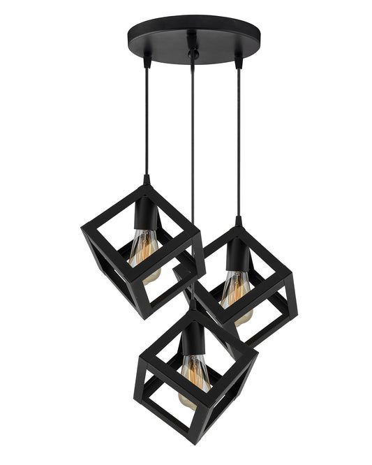 3-lights Round Cluster Chandelier Hanging Cube 6", Hanging Pendant Light with Braided Cord, URBAN Retro, nordic style, bulb not included