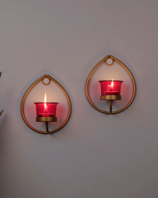 Set of 2 Decorative Golden Drop Wall Sconce/Candle Holder With Glass and Free T-light Candles