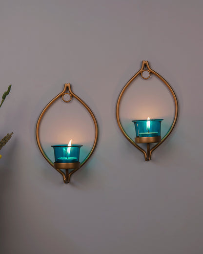 Set of 2 Decorative Golden Eye Wall Sconce/Candle Holder With Glass and Free T-light Candles