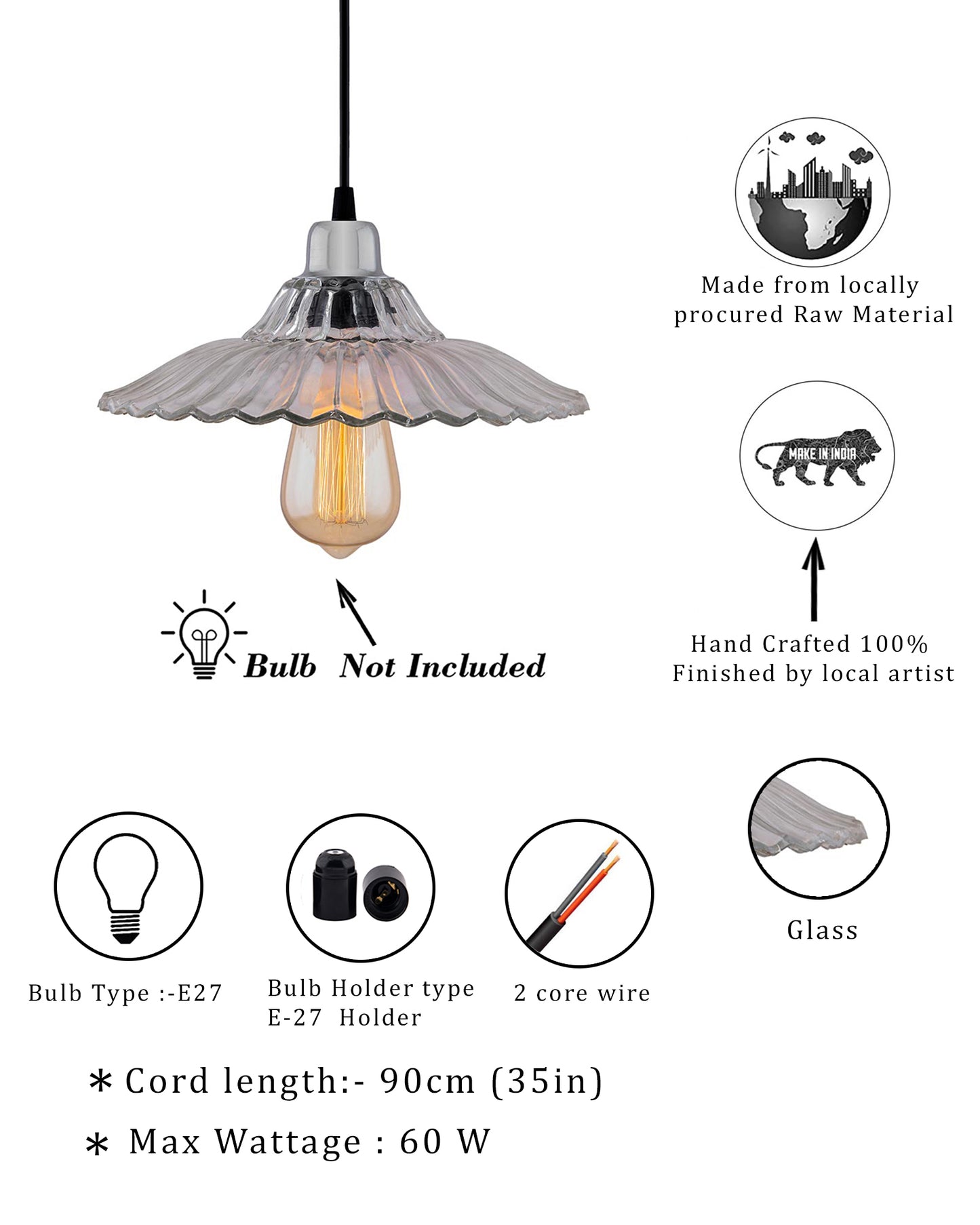 Homesake 40W Pendant Light Classic Ribbed Glass, Antique Gold Metal Hanging Ceiling LED Filament Light (Transparent)