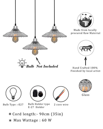 3-lights Linear Cluster Chandelier Ribbed Glass hanging Pendant Light, kitchen area and dining room light, LED/filament light