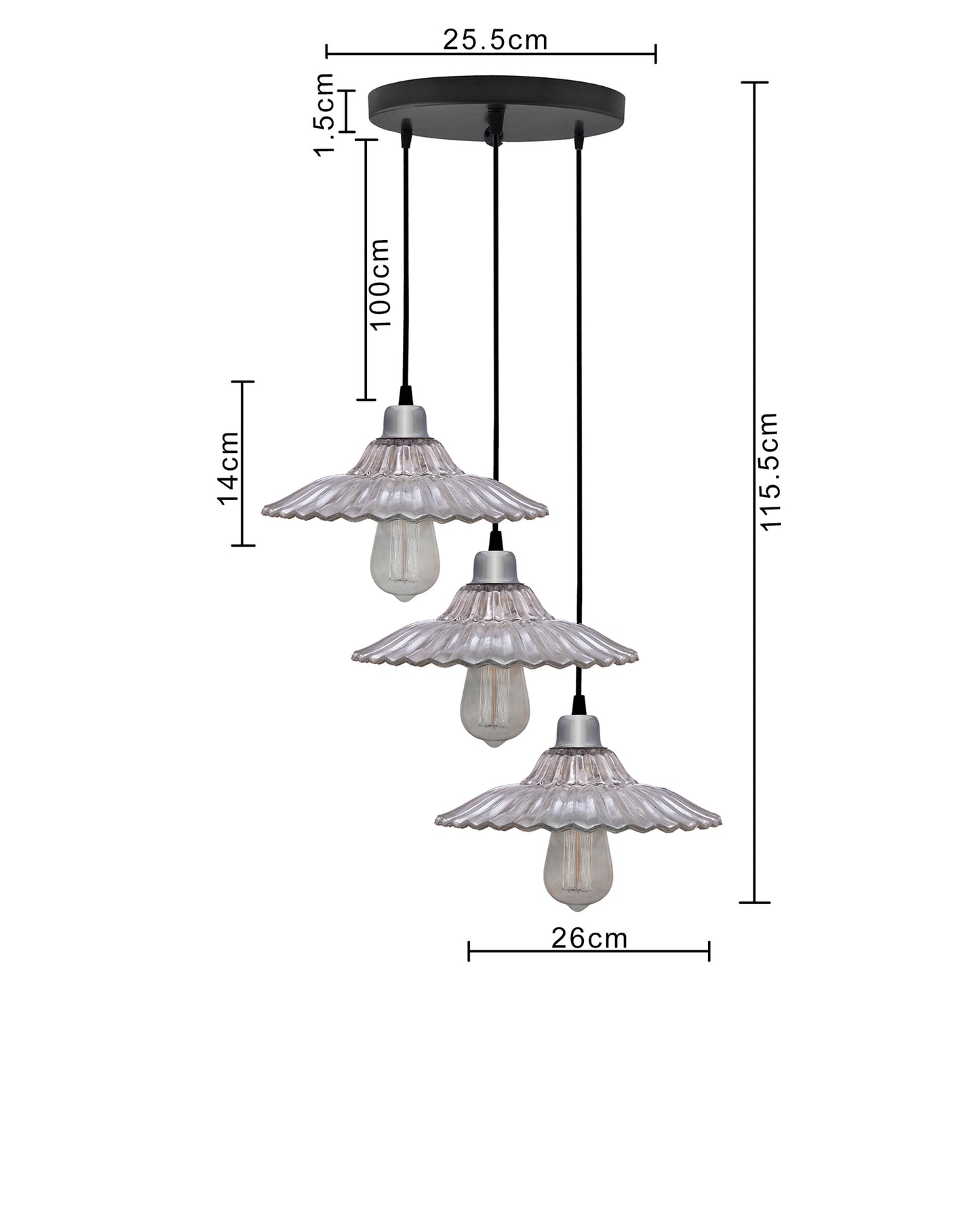 3-lights Round Cluster Chandelier Ceiling Ribbed Antique Silver Glass Hanging Pendant Light with Braided Cord, URBAN Retro, nordic style, LED/filament bulb