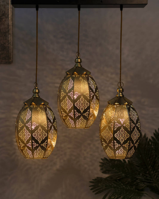 3-Lights Linear Cluster Chandelier Antique Finish Oval Moroccan Hanging Pendant Light, Kitchen Area and Dining Room Light, LED/Filament Light