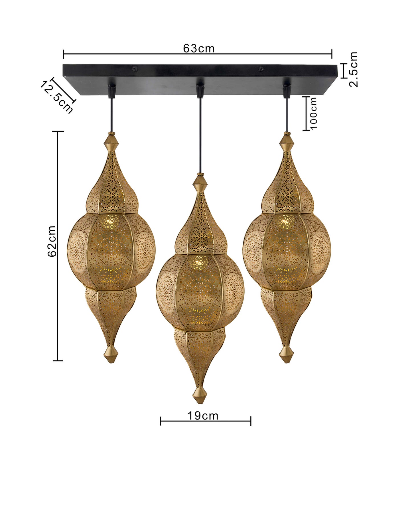 3-Lights Linear Cluster Chandelier Antique Classic Moroccan Nargis Hanging Pendant Light