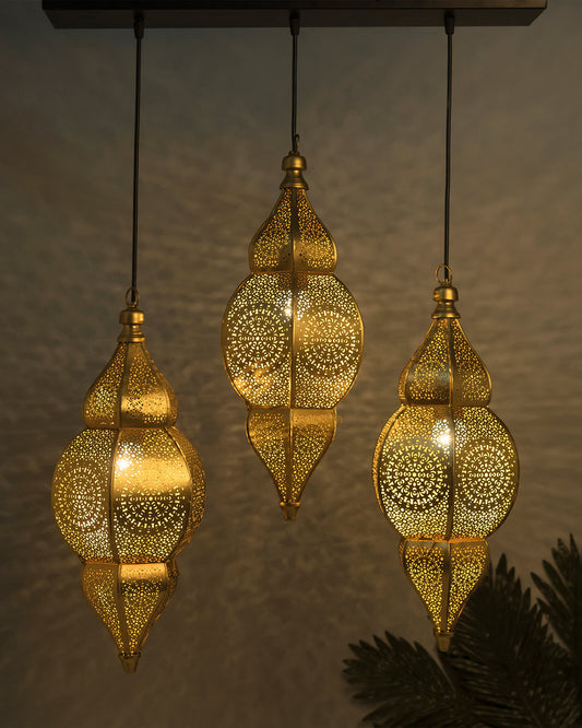 3-Lights Linear Cluster Chandelier Antique Classic Moroccan Nargis Hanging Pendant Light