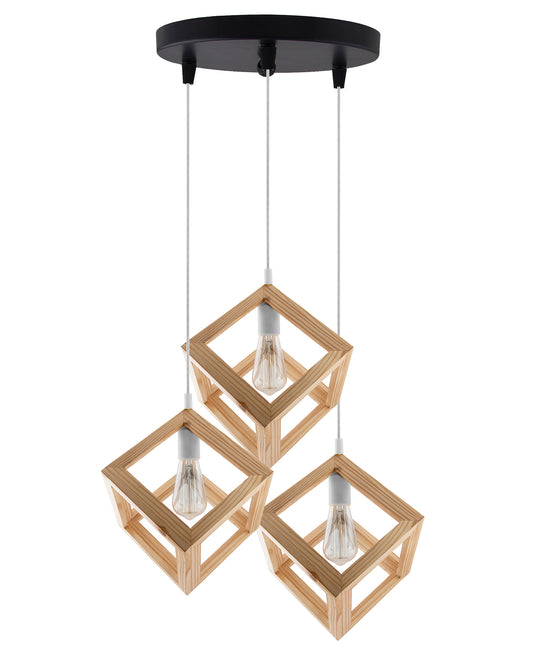 3-Lights Round Cluster Chandelier Modern Nordic Wooden Pendant Cube Light with Silicone Holder, URBAN Retro, Nordic Style, LED/Filament Bulb