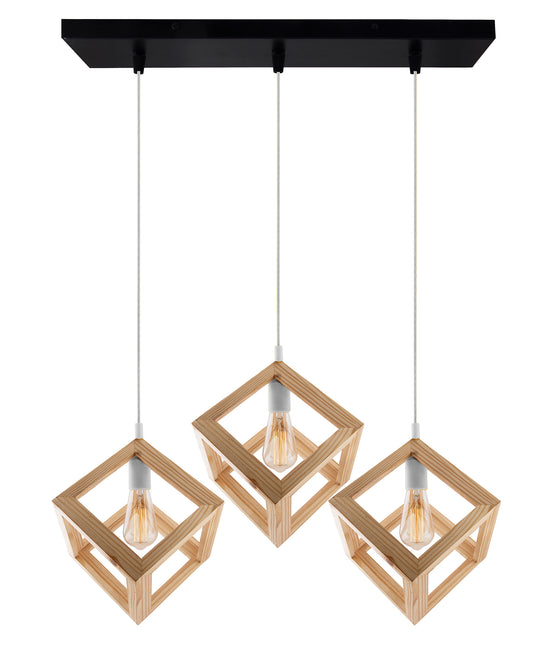 3-Lights Linear Cluster Chandelier Modern Nordic Wooden Pendant Cube Light with Silicone Holder Pendant Light, Kitchen Area ad Dining Room Light, LED/Filament Light