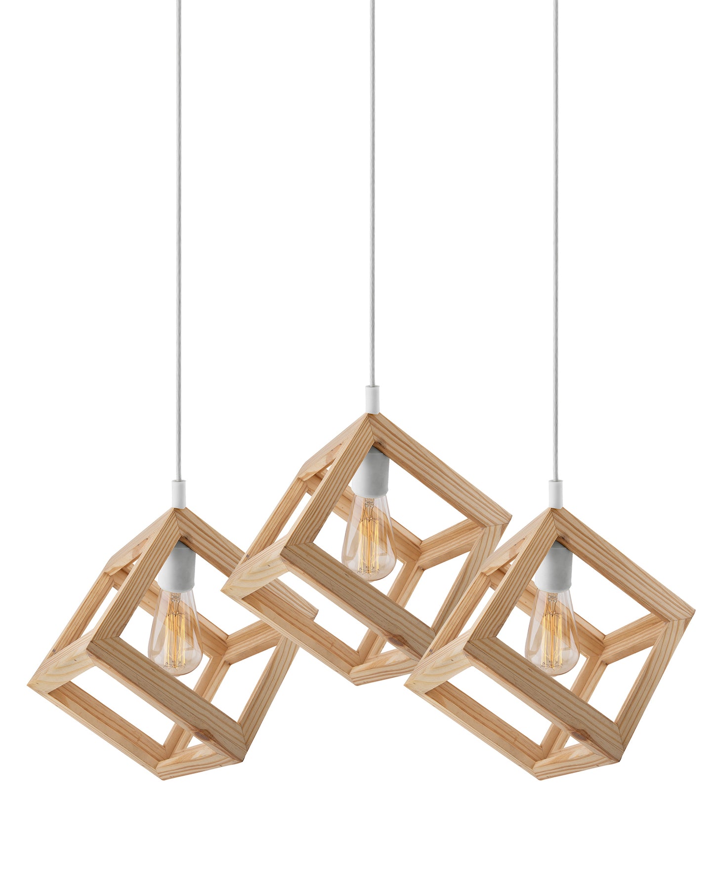 3-Lights Linear Cluster Chandelier Modern Nordic Wooden Pendant Cube Light with Silicone Holder Pendant Light, Kitchen Area ad Dining Room Light, LED/Filament Light