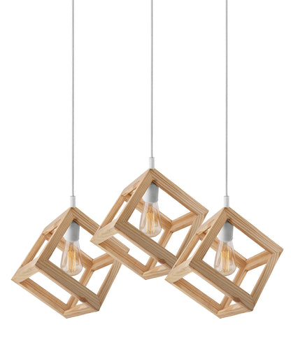 3-Lights Linear Cluster Chandelier Modern Nordic Wooden Pendant Cube Light with Silicone Holder Pendant Light, Kitchen Area ad Dining Room Light, LED/Filament Light