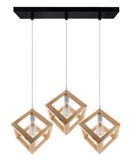 3-Lights Linear Cluster Chandelier Modern Nordic Wooden Pendant Cube Light with Silicone Holder Pendant Light, Kitchen Area ad Dining Room Light, LED/Filament Light