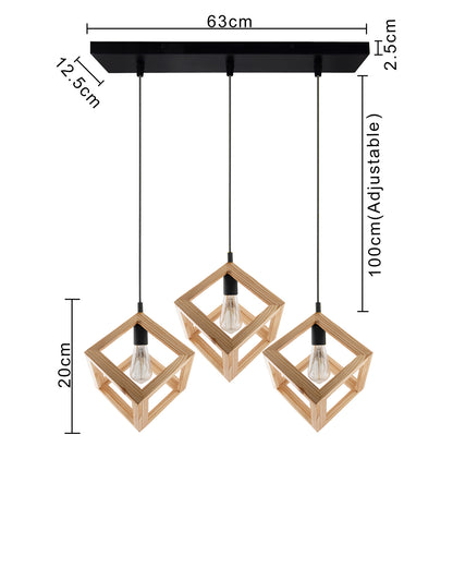 3-Lights Linear Cluster Chandelier Modern Nordic Wooden Pendant Cube Light with Silicone Holder Pendant Light, Kitchen Area ad Dining Room Light, LED/Filament Light