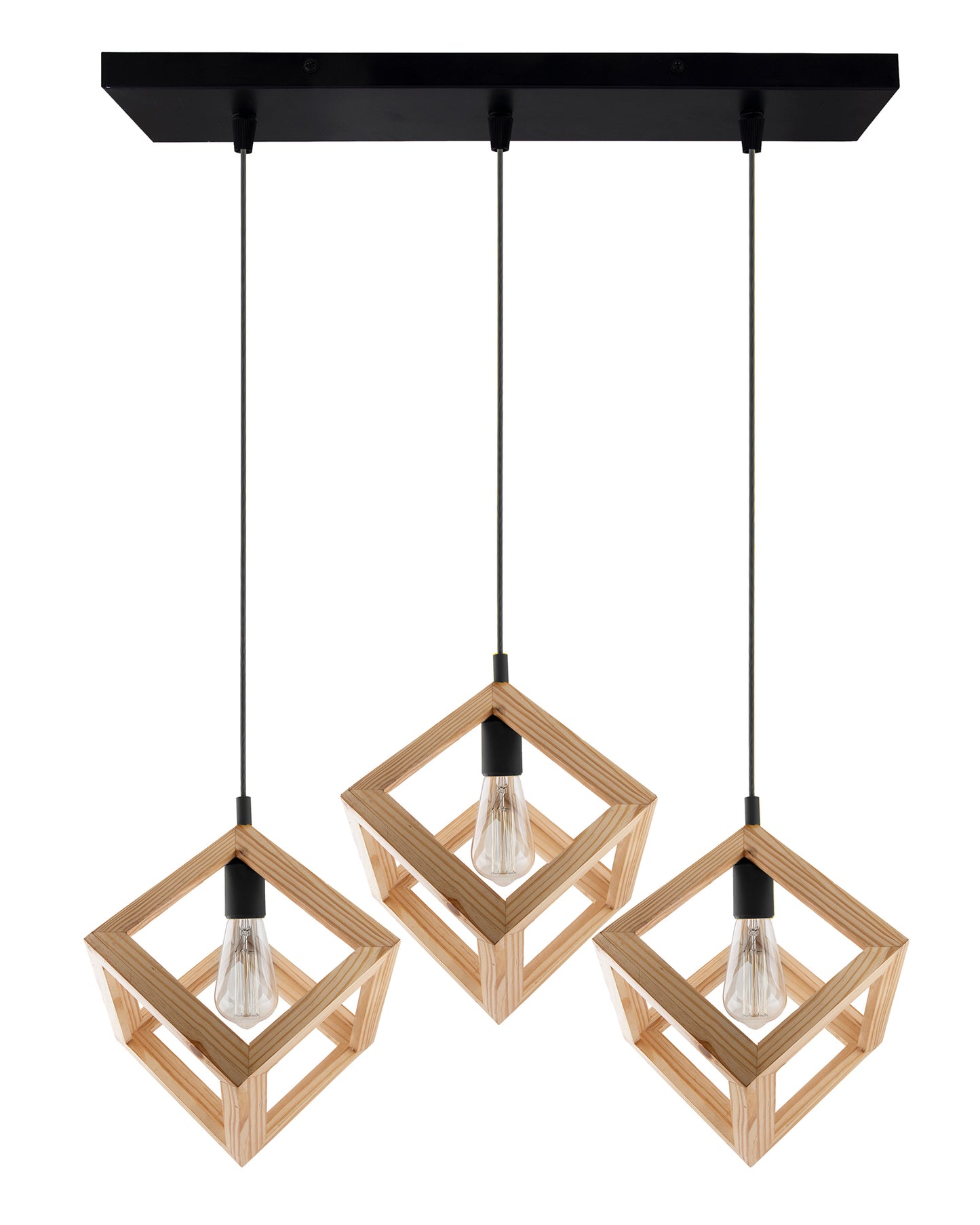 3-Lights Linear Cluster Chandelier Modern Nordic Wooden Pendant Cube Light with Silicone Holder Pendant Light, Kitchen Area ad Dining Room Light, LED/Filament Light