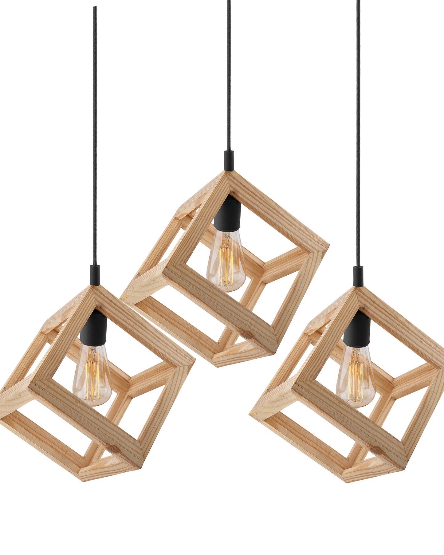 3-Lights Linear Cluster Chandelier Modern Nordic Wooden Pendant Cube Light with Silicone Holder Pendant Light, Kitchen Area ad Dining Room Light, LED/Filament Light