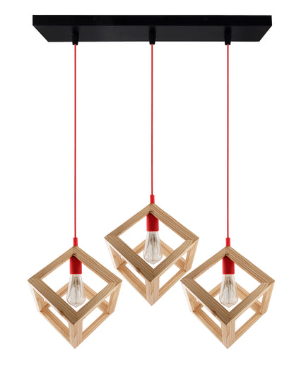 3-Lights Linear Cluster Chandelier Modern Nordic Wooden Pendant Cube Light with Silicone Holder Pendant Light, Kitchen Area ad Dining Room Light, LED/Filament Light