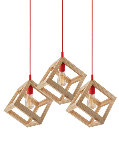 3-Lights Linear Cluster Chandelier Modern Nordic Wooden Pendant Cube Light with Silicone Holder Pendant Light, Kitchen Area ad Dining Room Light, LED/Filament Light