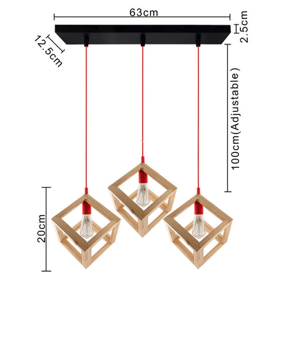 3-Lights Linear Cluster Chandelier Modern Nordic Wooden Pendant Cube Light with Silicone Holder Pendant Light, Kitchen Area ad Dining Room Light, LED/Filament Light