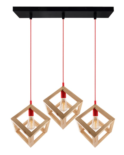 3-Lights Linear Cluster Chandelier Modern Nordic Wooden Pendant Cube Light with Silicone Holder Pendant Light, Kitchen Area ad Dining Room Light, LED/Filament Light