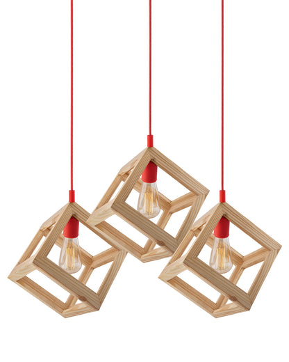 3-Lights Linear Cluster Chandelier Modern Nordic Wooden Pendant Cube Light with Silicone Holder Pendant Light, Kitchen Area ad Dining Room Light, LED/Filament Light