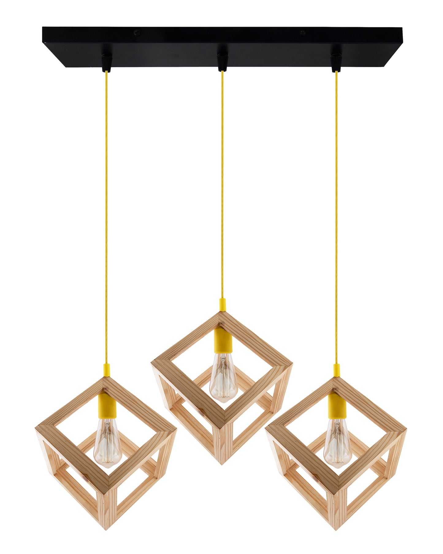 3-Lights Linear Cluster Chandelier Modern Nordic Wooden Pendant Cube Light with Silicone Holder Pendant Light, Kitchen Area ad Dining Room Light, LED/Filament Light