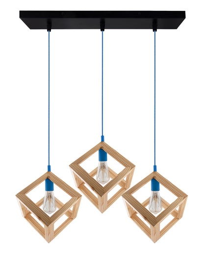 3-Lights Linear Cluster Chandelier Modern Nordic Wooden Pendant Cube Light with Silicone Holder Pendant Light, Kitchen Area ad Dining Room Light, LED/Filament Light