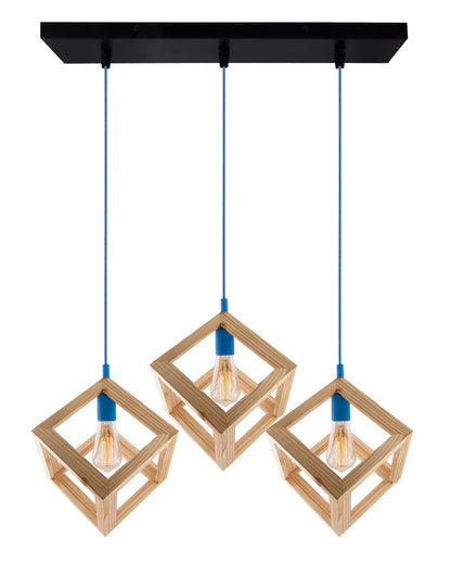 3-Lights Linear Cluster Chandelier Modern Nordic Wooden Pendant Cube Light with Silicone Holder Pendant Light, Kitchen Area ad Dining Room Light, LED/Filament Light