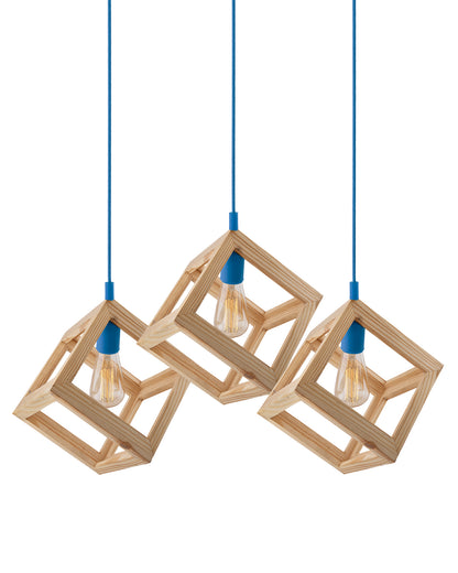 3-Lights Linear Cluster Chandelier Modern Nordic Wooden Pendant Cube Light with Silicone Holder Pendant Light, Kitchen Area ad Dining Room Light, LED/Filament Light