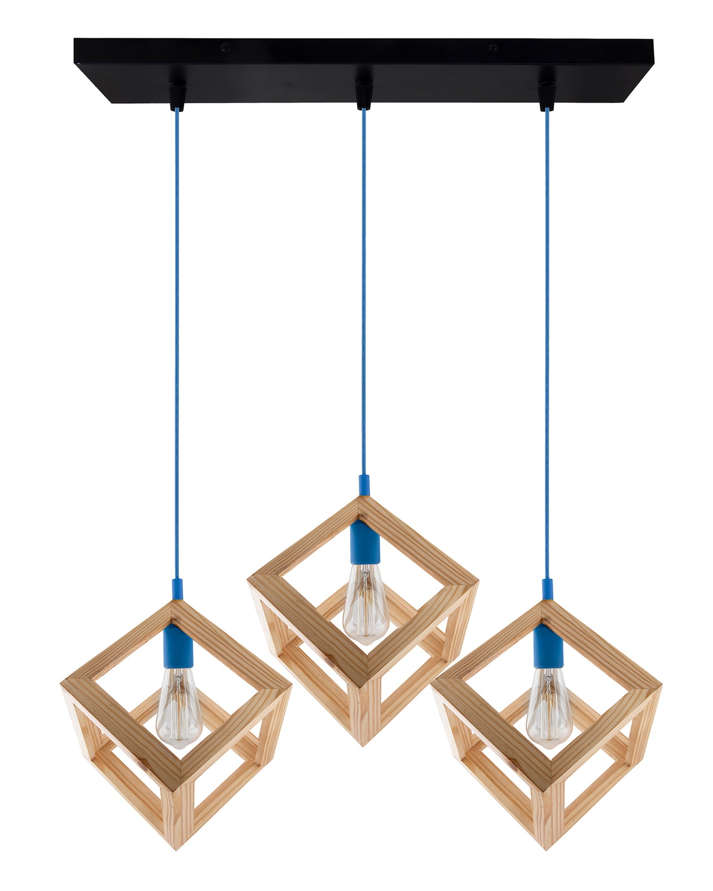 3-Lights Linear Cluster Chandelier Modern Nordic Wooden Pendant Cube Light with Silicone Holder Pendant Light, Kitchen Area ad Dining Room Light, LED/Filament Light