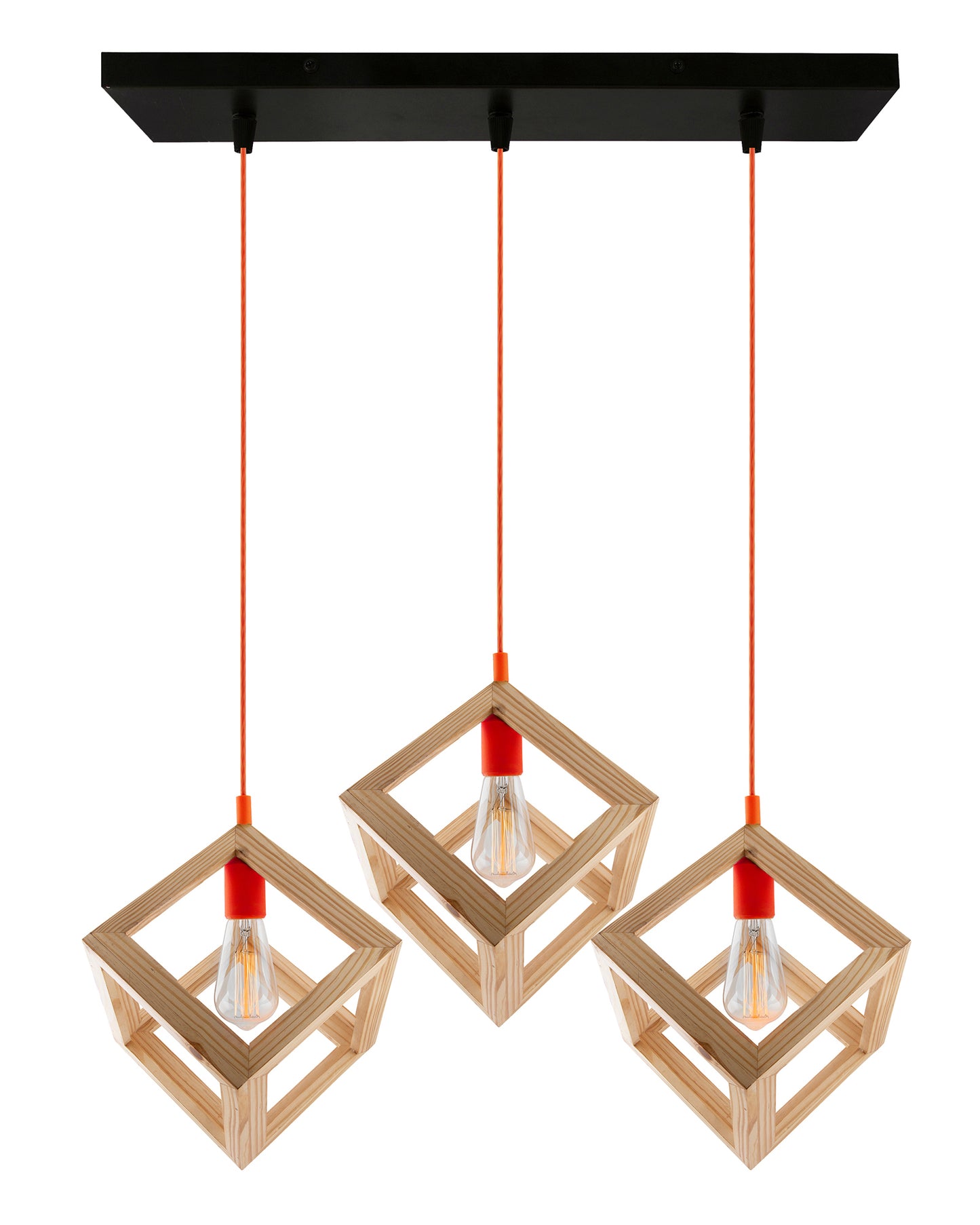 3-Lights Linear Cluster Chandelier Modern Nordic Wooden Pendant Cube Light with Silicone Holder Pendant Light, Kitchen Area ad Dining Room Light, LED/Filament Light