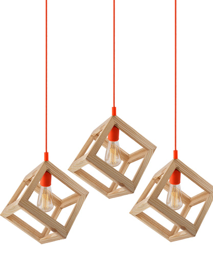 3-Lights Linear Cluster Chandelier Modern Nordic Wooden Pendant Cube Light with Silicone Holder Pendant Light, Kitchen Area ad Dining Room Light, LED/Filament Light