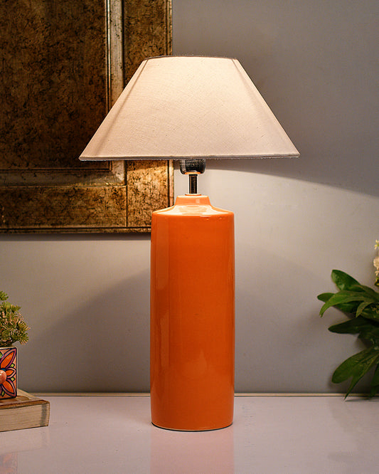 Ceramic Base Orange Table Lamp with Cone Shade, LED Bulb