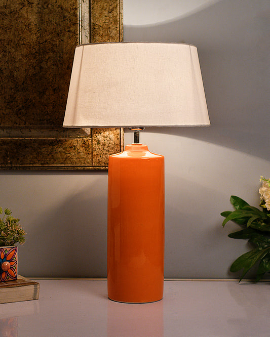 Ceramic Base Orange Table Lamp with Drum Shade, LED Bulb