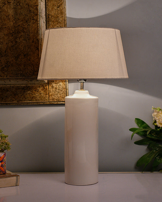 Ceramic Base White Table Lamp with Drum Shade, LED Bulb