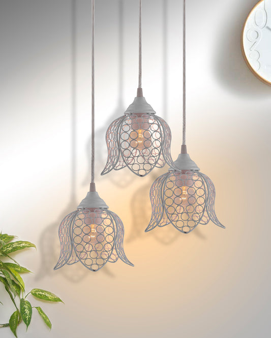 3-Lights Round Cluster Chandelier White Lotus Hanging Pendant Light with Braided Cord