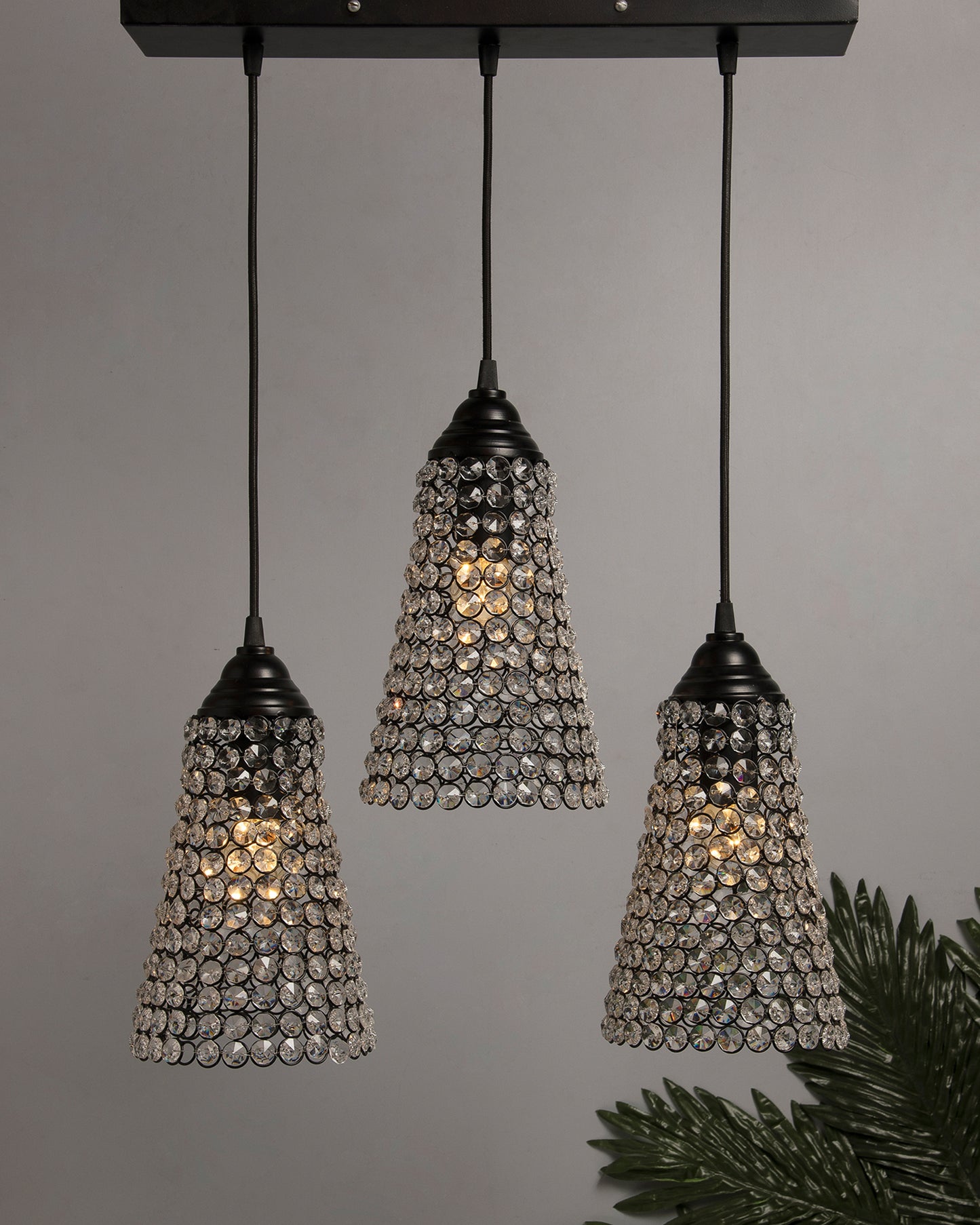 3-lights Linear Cluster Chandelier Crystal Cone Hanging Pendant Light with Braided Cord