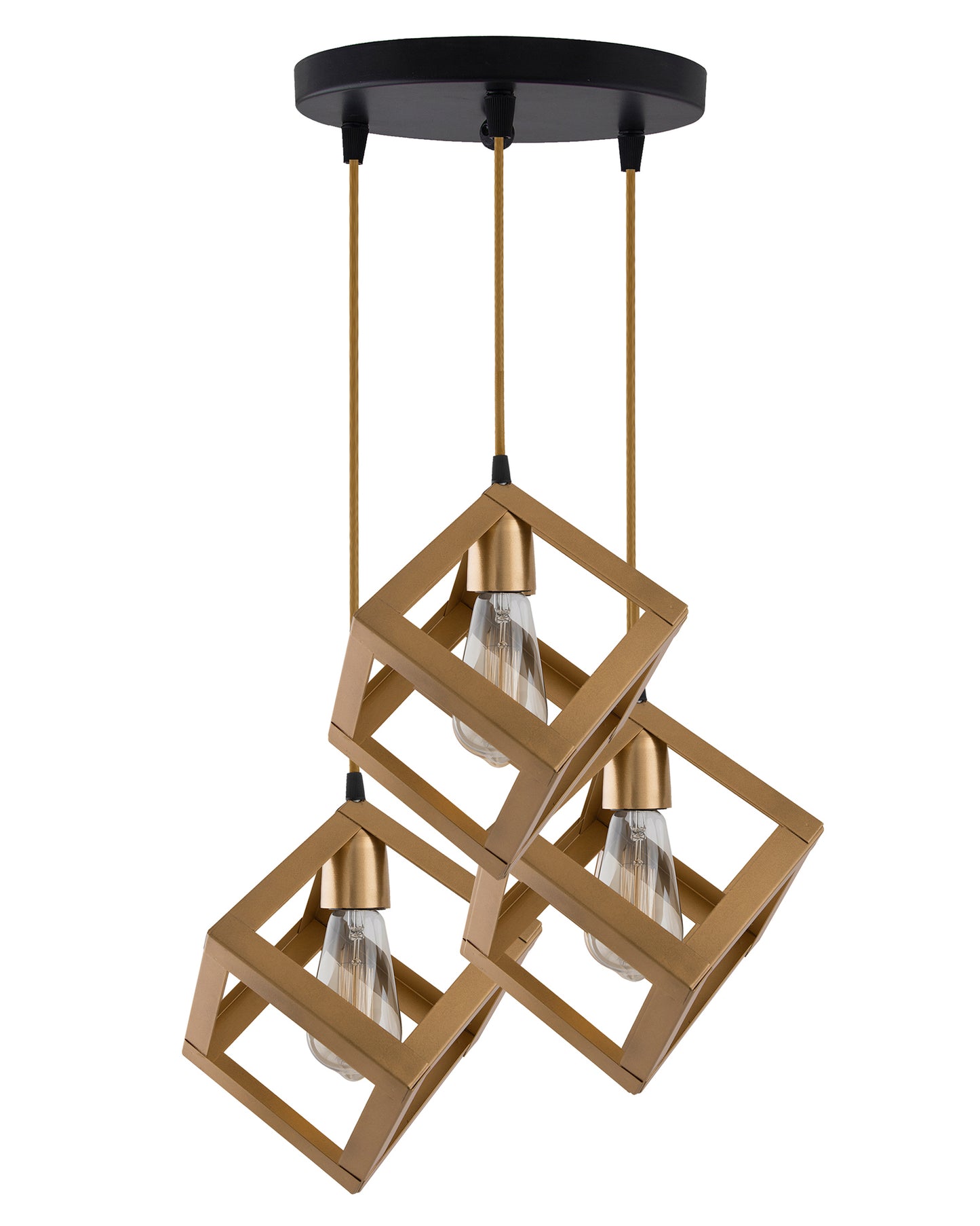 3-lights Round Cluster Chandelier Golden Hanging Cube 6", Hanging Pendant Light with Braided Cord, URBAN Retro, nordic style, LED/filament bulb