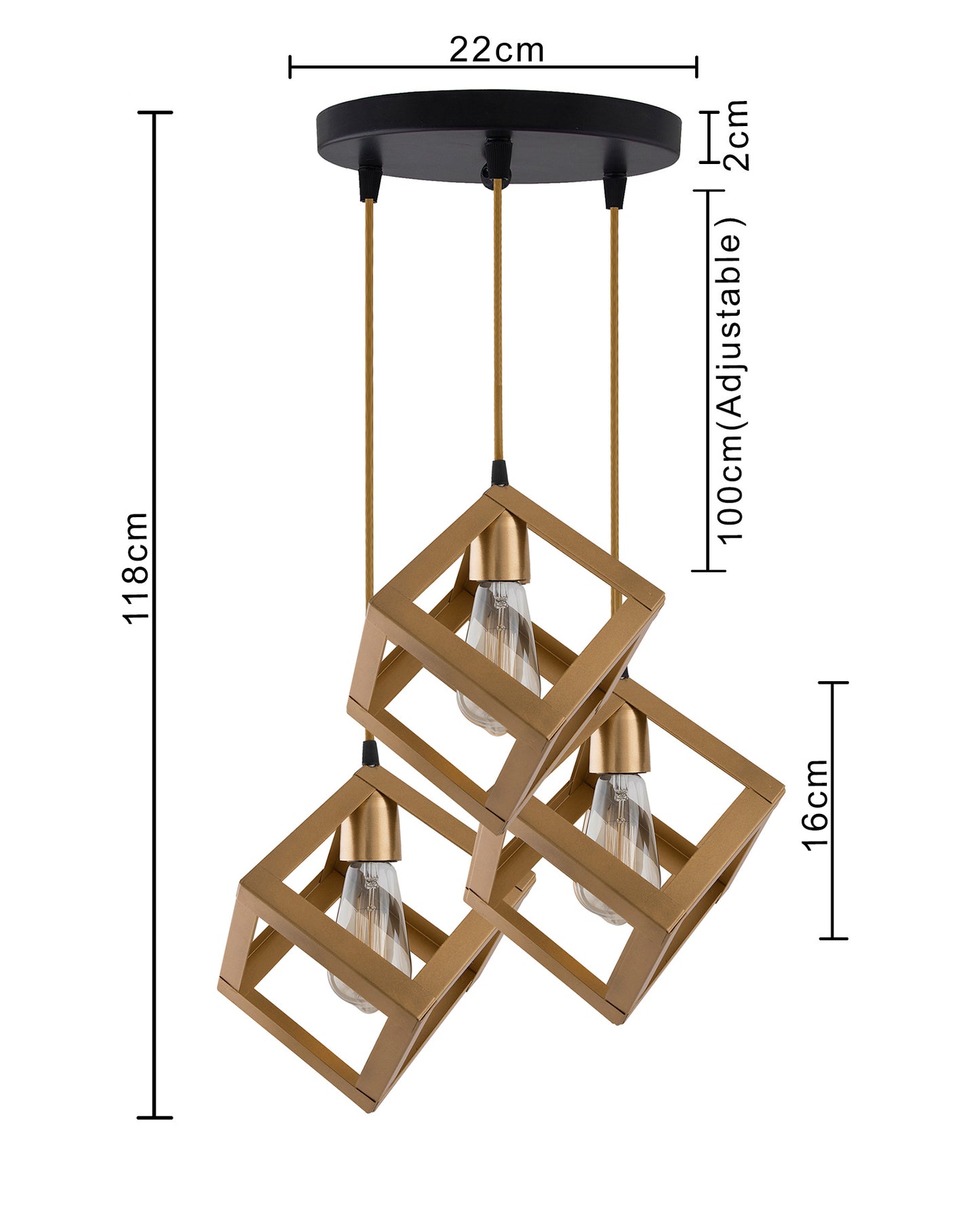 3-lights Round Cluster Chandelier Golden Hanging Cube 6", Hanging Pendant Light with Braided Cord, URBAN Retro, nordic style, LED/filament bulb