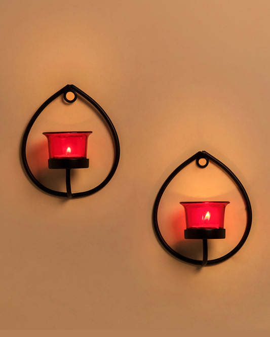 Set of 2 Decorative Black Drop Wall Sconce/Candle Holder With Glass and Free T-light Candles