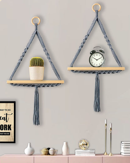 Triangle Rope Hanging Shelves Set of 2, Wood Floating Shelf for Wall Décor Bedroom Bathroom Living Room, Display Shelving for Hanging Plants Photos Grey