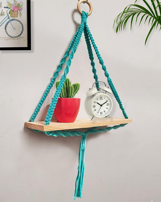 Triangle Macrame Wall Hanging Shelf Cotton Rope Natural Pine Wood Swing Triangle Floating Shelf Modern Boho Decor for Living Room 71 L x 40 W