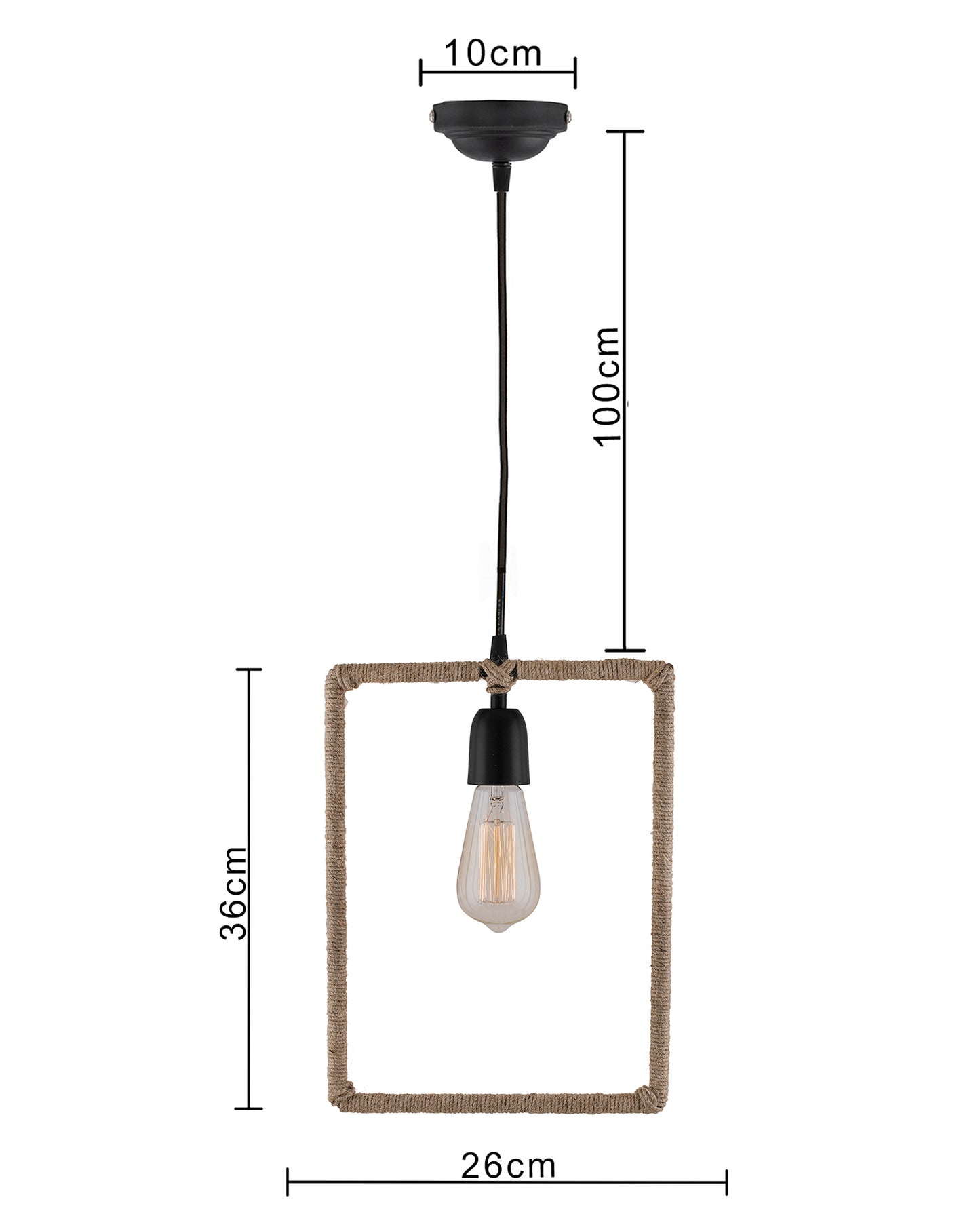 Modern Metal Pendant Lights Hemp Rope Decor Hanging Lamp E27 Loft Ceiling Light with filament bulb, Rectangle