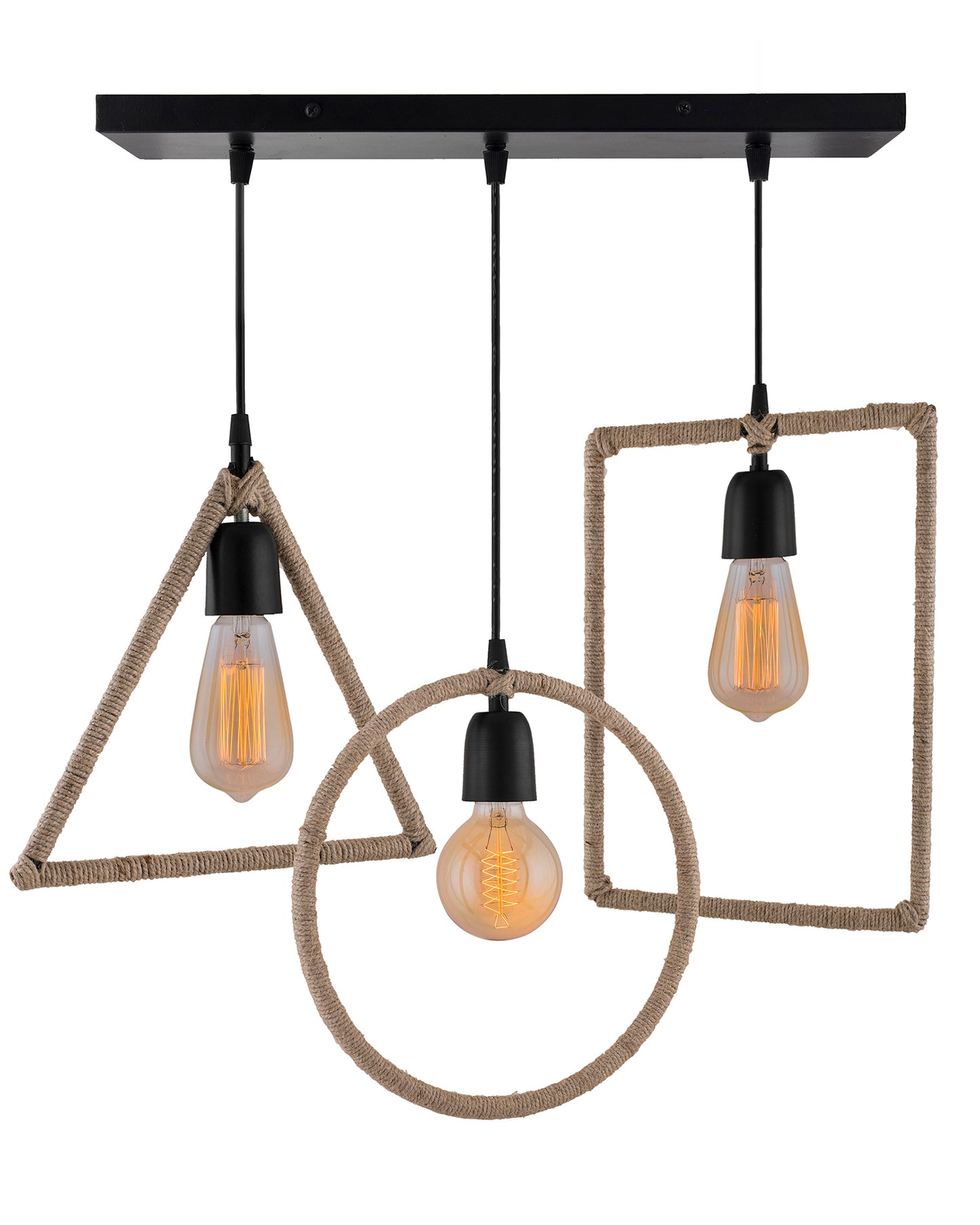 3-Lights Linear Cluster Chandelier Hemp Rope Rectangle, Triangle, Round Hanging Pendant Light with Braided Cord