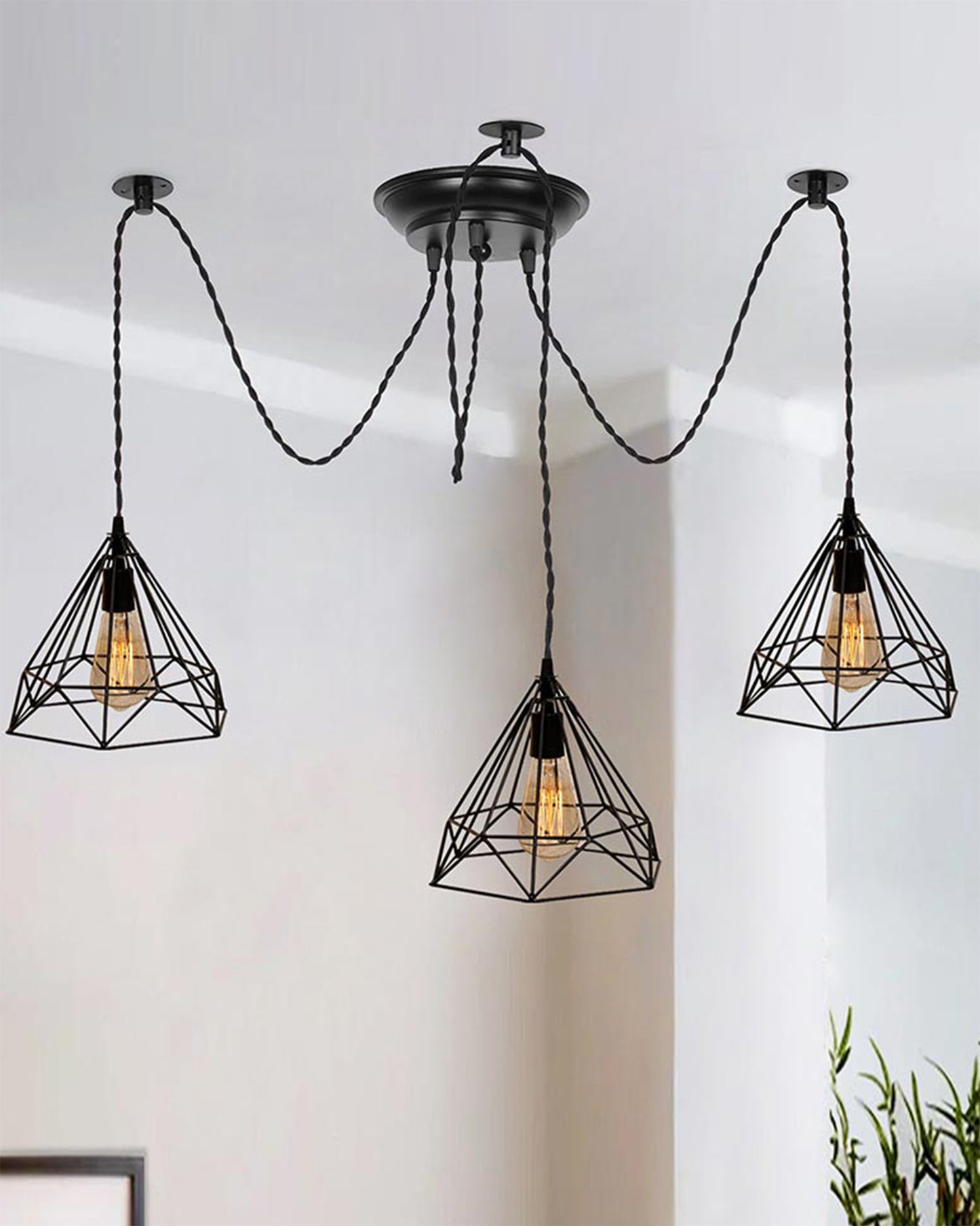 Spider Chandelier Diamond Lamp, Vintage Edison Style E 27 Adjustable DIY Ceiling Pendant Light, E27 Rustic Cluster Hanging Light(1.25 M, Black Twisted Wire)