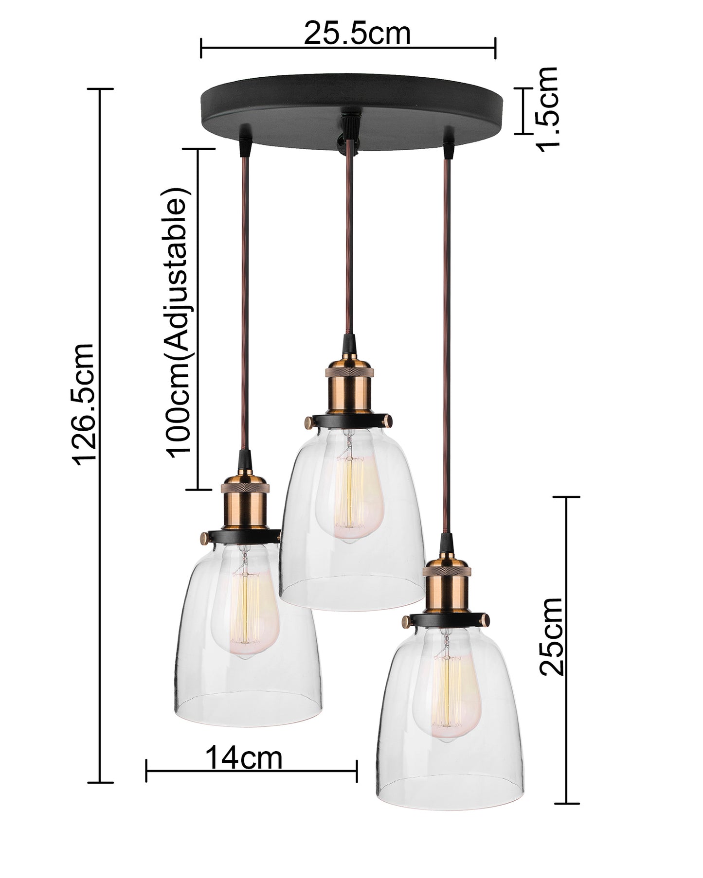 3-Lights Round Cluster Chandelier Modern Bell Glass Shade Hanging Light, Antique Socket, E27 Holder, Decorative, Copper, URBAN Retro, Nordic Style