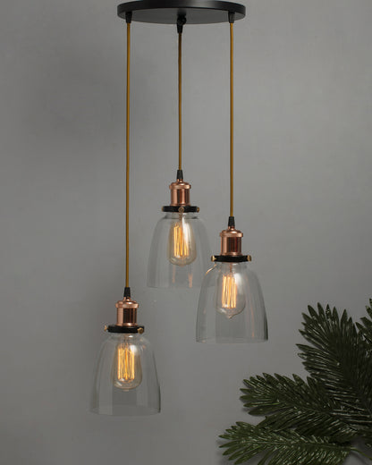 3-Lights Round Cluster Chandelier Modern Bell Glass Shade Hanging Light, Antique Socket, E27 Holder, Decorative, Copper, URBAN Retro, Nordic Style