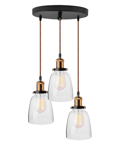 3-Lights Round Cluster Chandelier Modern Bell Glass Shade Hanging Light, Antique Socket, E27 Holder, Decorative, Copper, URBAN Retro, Nordic Style