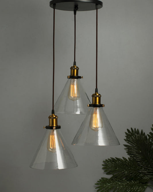 3-Lights Round Cluster Chandelier Modern Glass Cone Shaped Hanging Light, Antique Socket, E27 Holder, Decorative, Copper, URBAN Retro, Nordic Style