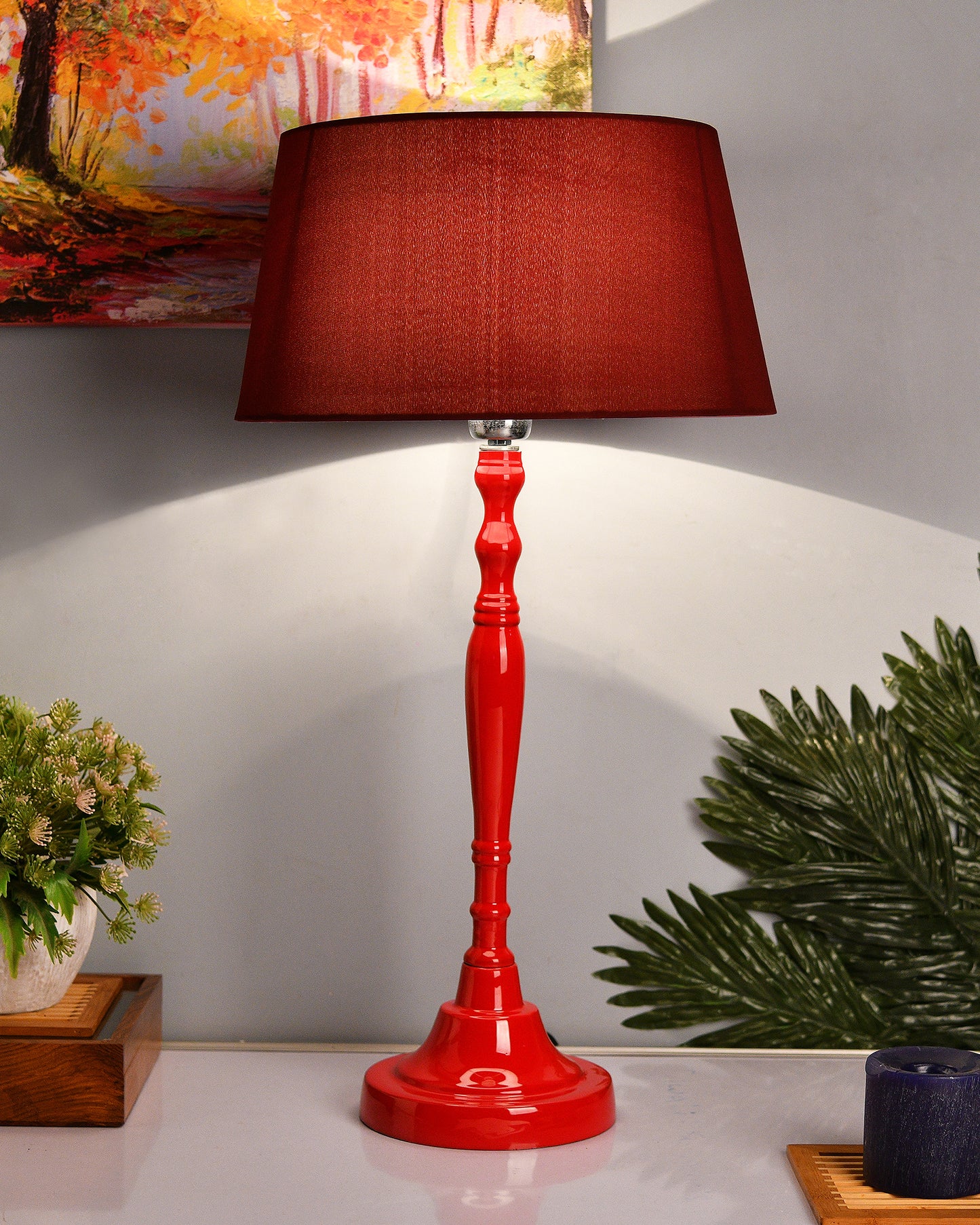 Glossy Red Imperial Aluminium Table Lamp With Cone Shade, Bedside, Living Room Study Lamp, Bulb Included