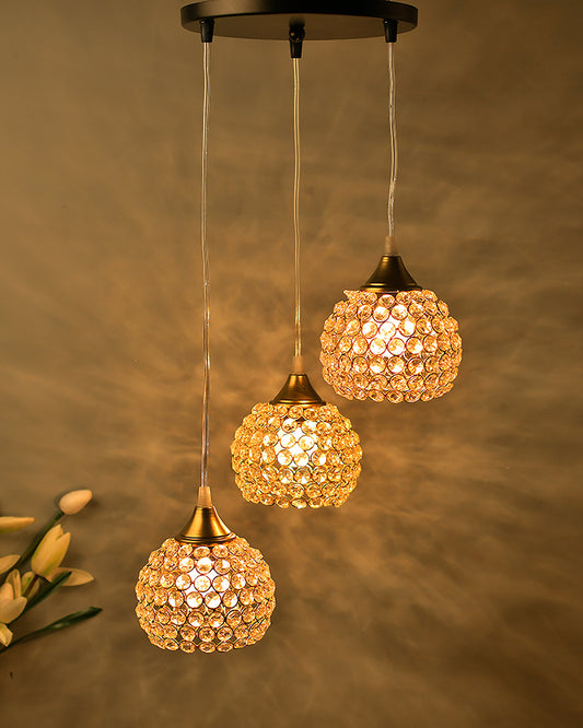 3-Lights Round Golden Cluster Chandelier Crystal Half Globe Hanging Light, E27 Holder, Decorative, URBAN Retro, Nordic Style, LED/Filament Bulb